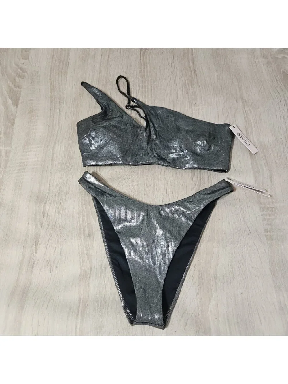 Victoria's Secret Metallic Silver Swimsuit Size S Bikini Top & Brazillian Bottom